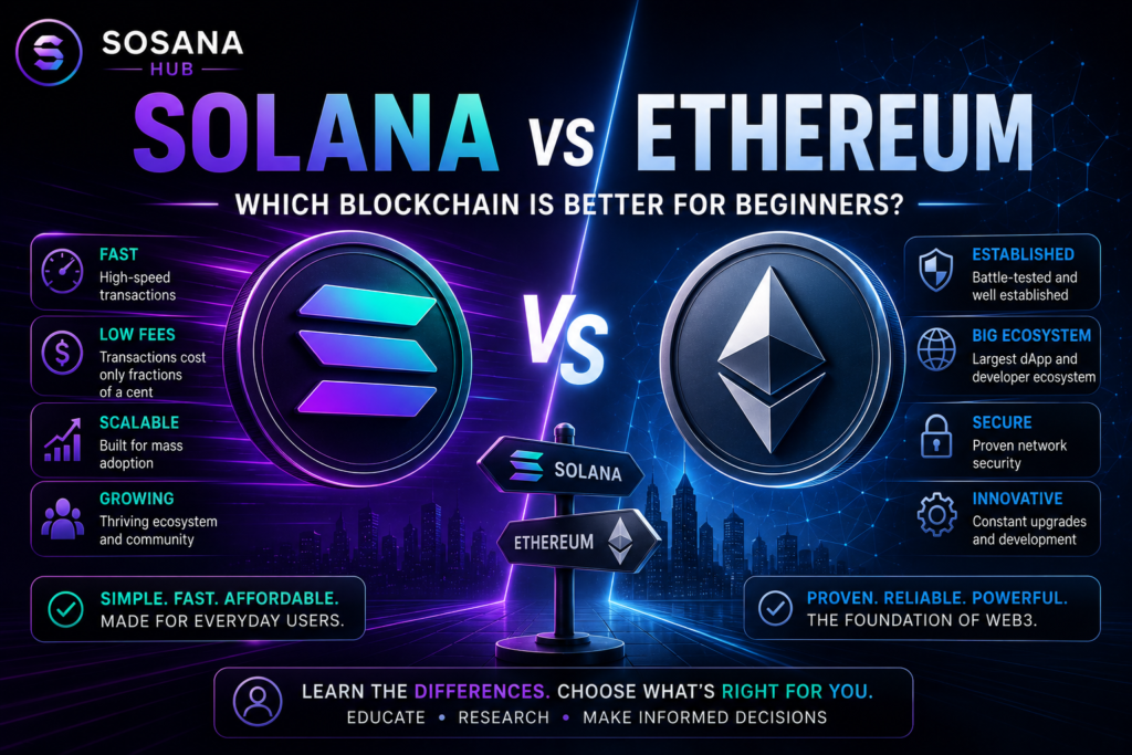 Compare Solana vs Ethereum for beginners. Learn the key differences in speed, fees, staking, wallets, security, and ecosystem growth to determine which blockchain is right for you.