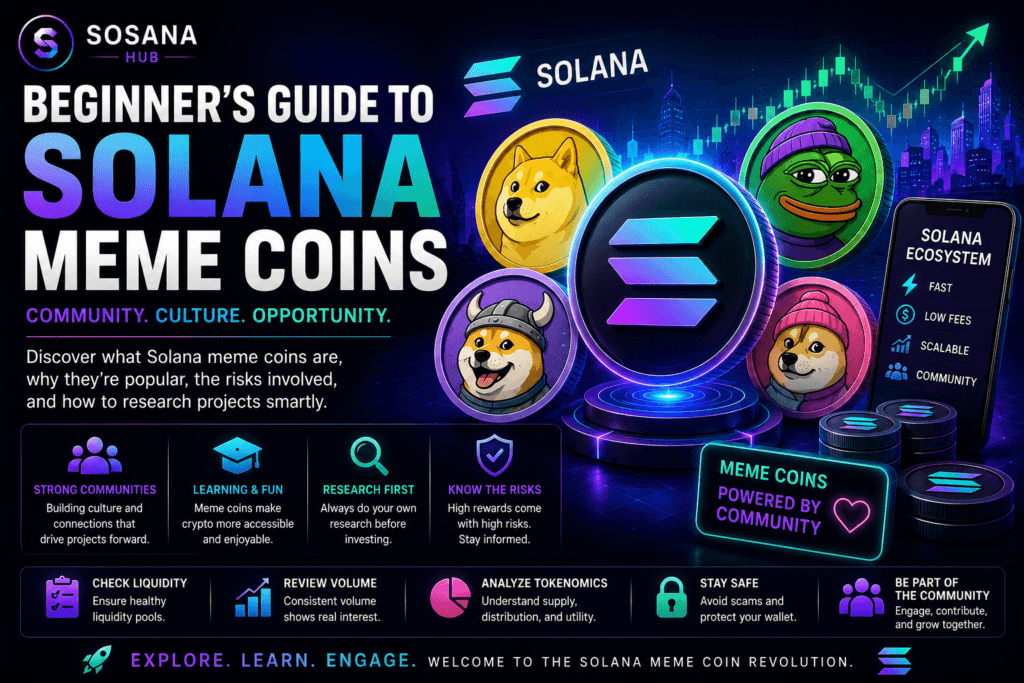 Beginner's guide to Solana meme coins featuring crypto communities, Solana ecosystem projects, meme coin education, and responsible research.