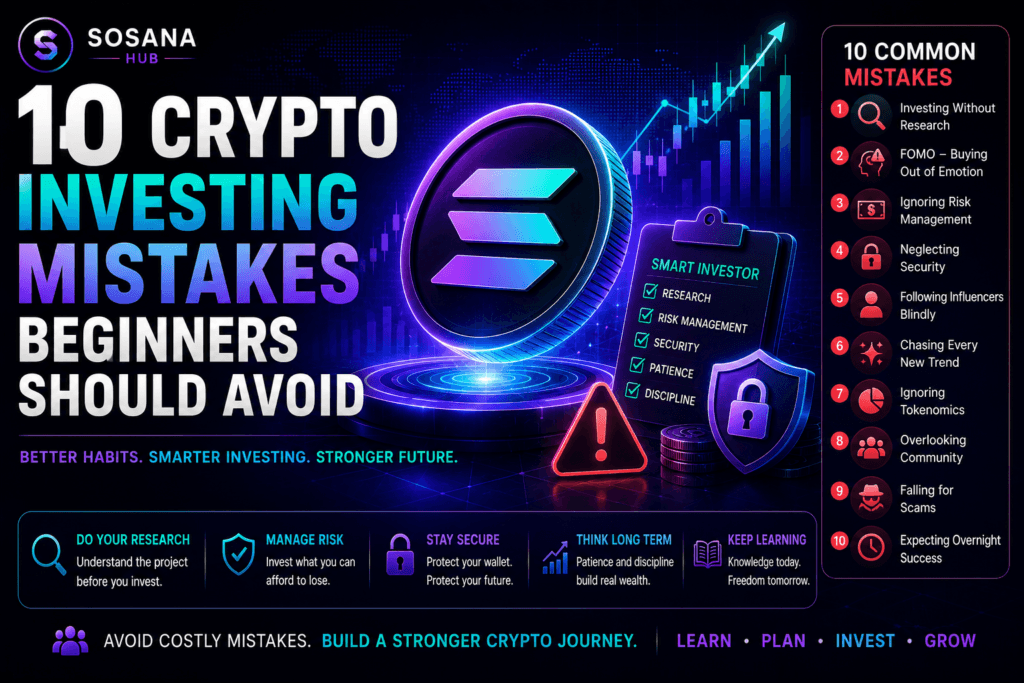 Crypto investing mistakes beginners should avoid featuring risk management, security, research, scam prevention, and smart investing habits.