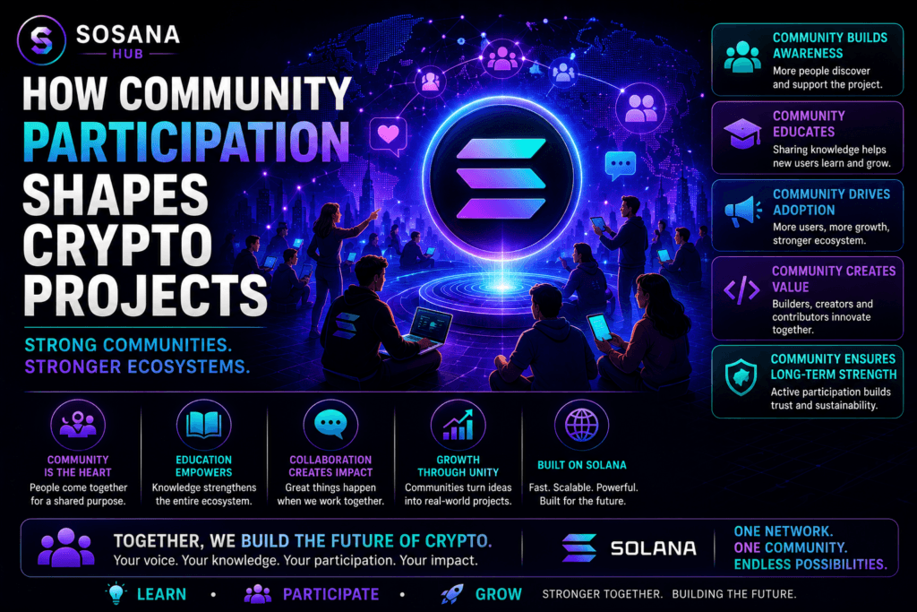 How community participation shapes crypto projects featuring collaboration, education, blockchain adoption, ecosystem growth, and community engagement.