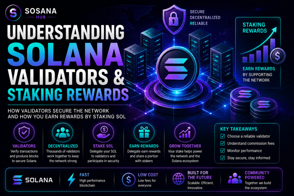 Understanding Solana validators and staking rewards featuring blockchain validation, network security, staking participation, and validator infrastructure.