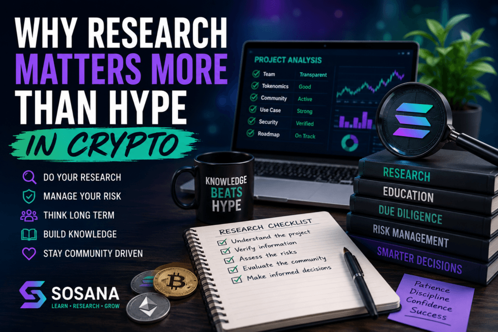 Why research matters more than hype in crypto featuring responsible investing, project analysis, Solana education, community learning, and informed decision making.