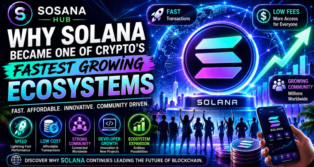 Why Solana became one of crypto's fastest growing ecosystems featuring blockchain innovation, fast transactions, low fees, staking, developer growth, and community adoption.