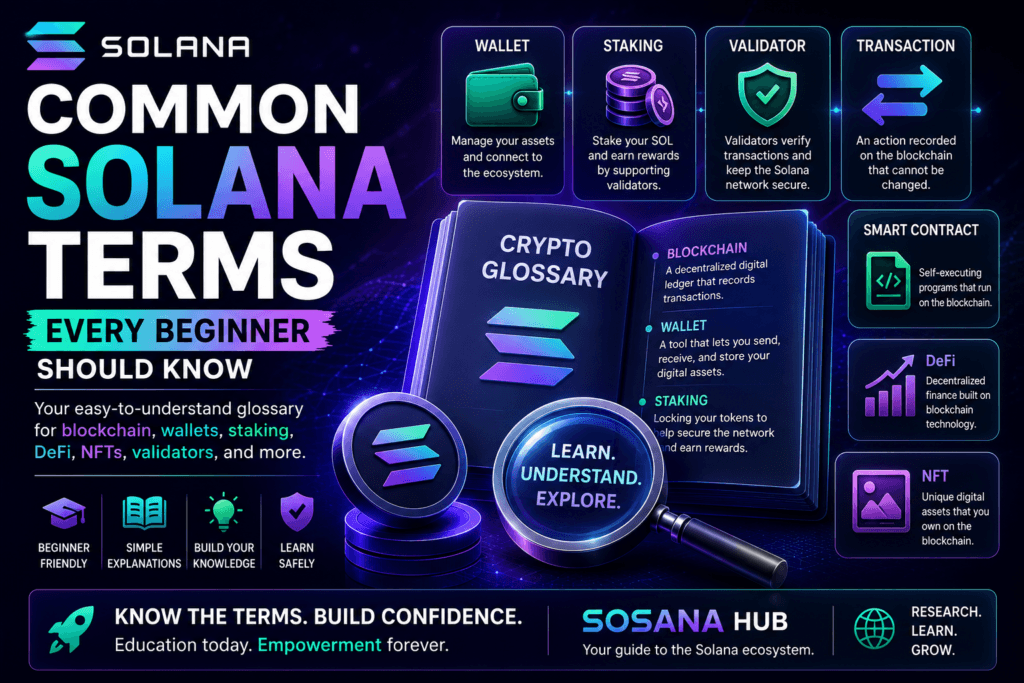 Common Solana terms every beginner should know featuring blockchain terminology, wallets, staking, DeFi, NFTs, validators, smart contracts, and cryptocurrency education.