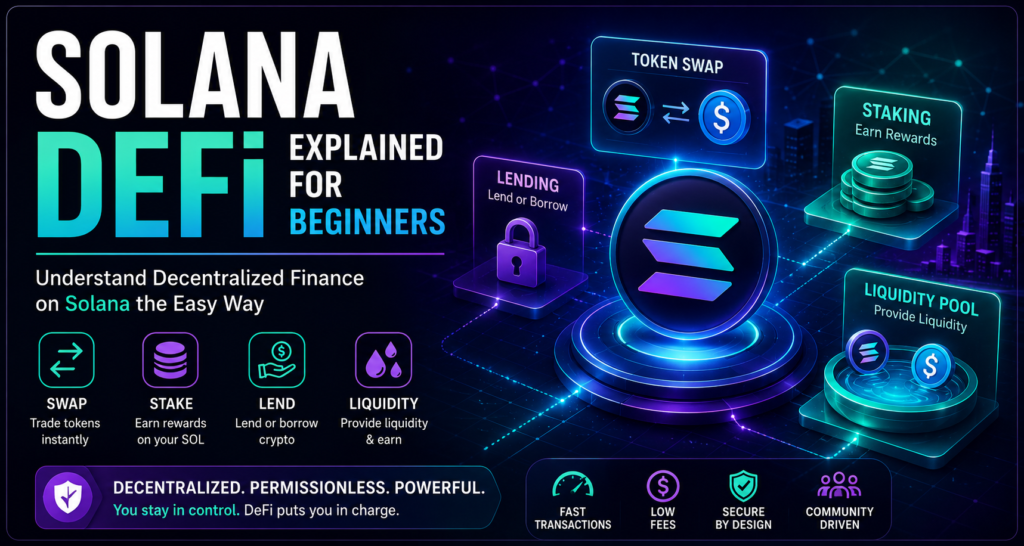 Solana DeFi explained for beginners featuring decentralized finance, smart contracts, token swaps, staking, blockchain security, and educational crypto resources.