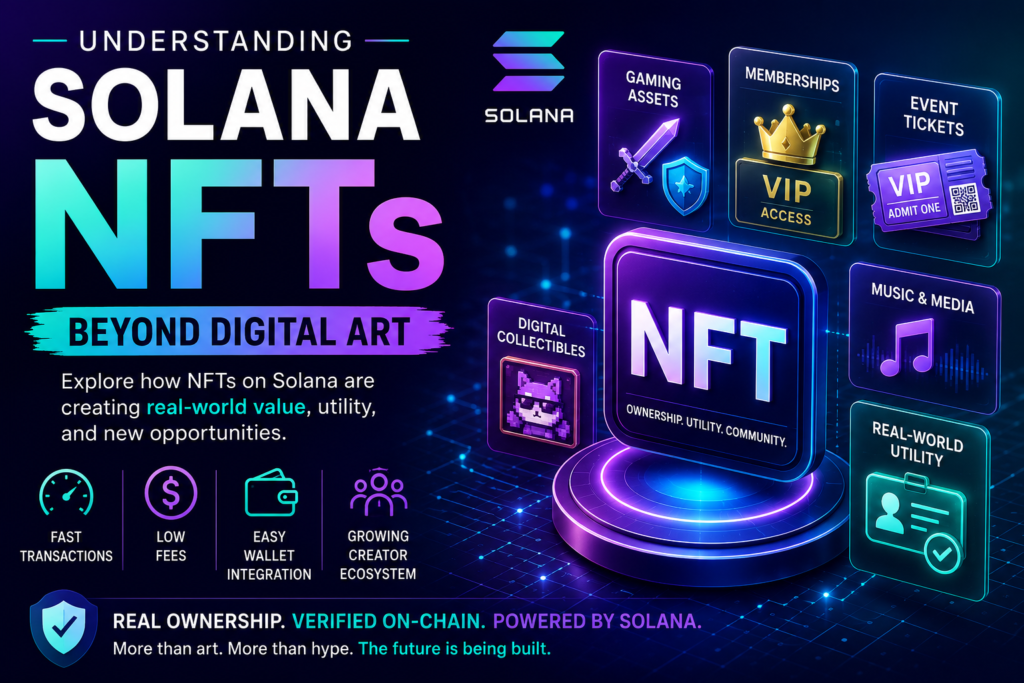Understanding Solana NFTs beyond digital art featuring blockchain ownership, digital collectibles, memberships, gaming assets, event tickets, and NFT education.