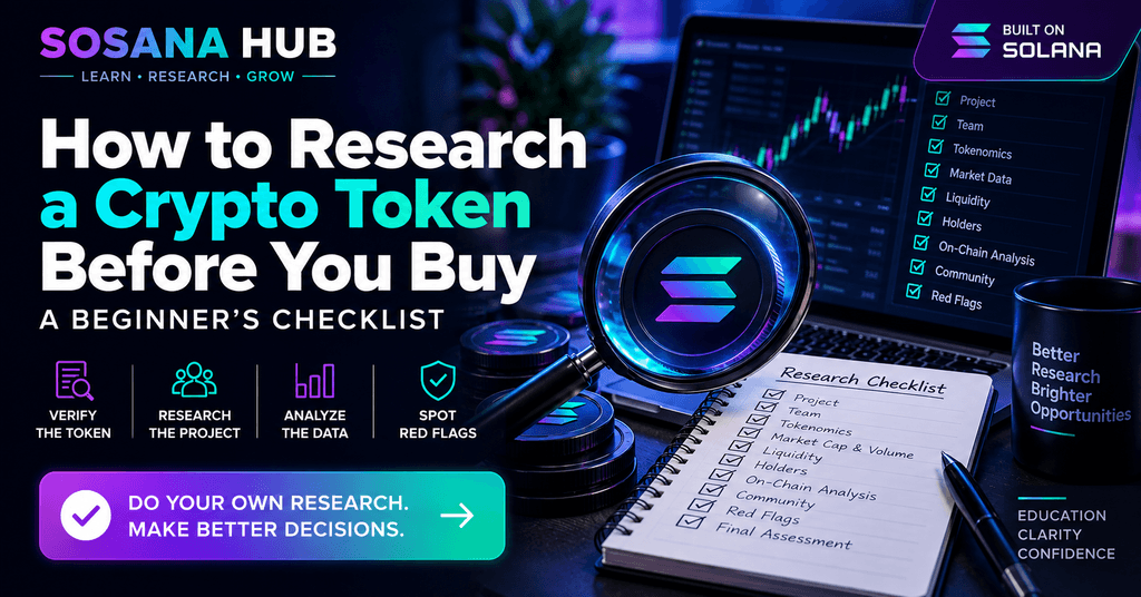 How to research a crypto token before you buy beginner checklist for Solana token research, tokenomics, liquidity, holders, on-chain analysis and red flags