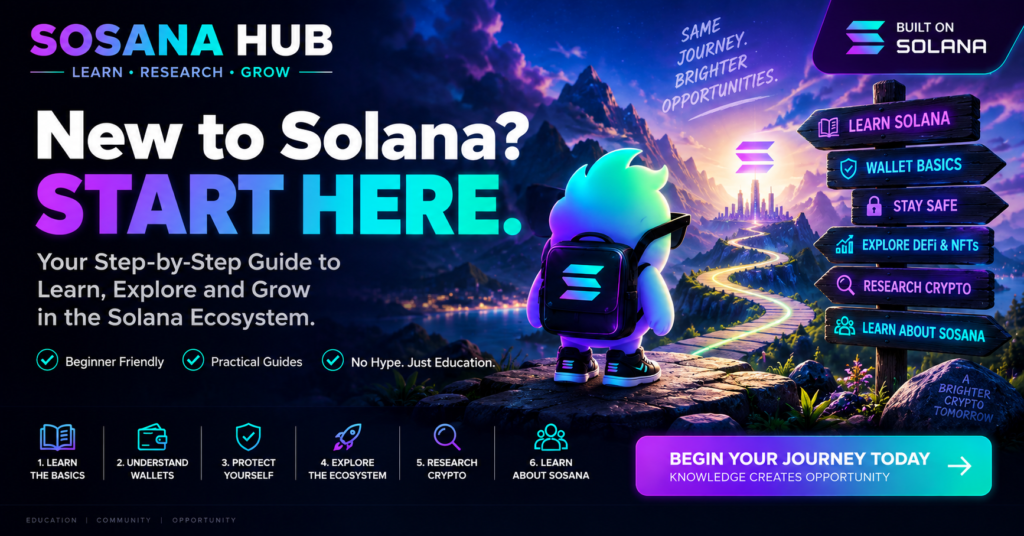 SOSANA Hub Start Here guide for Solana beginners learning wallet safety, DeFi, NFTs and crypto research