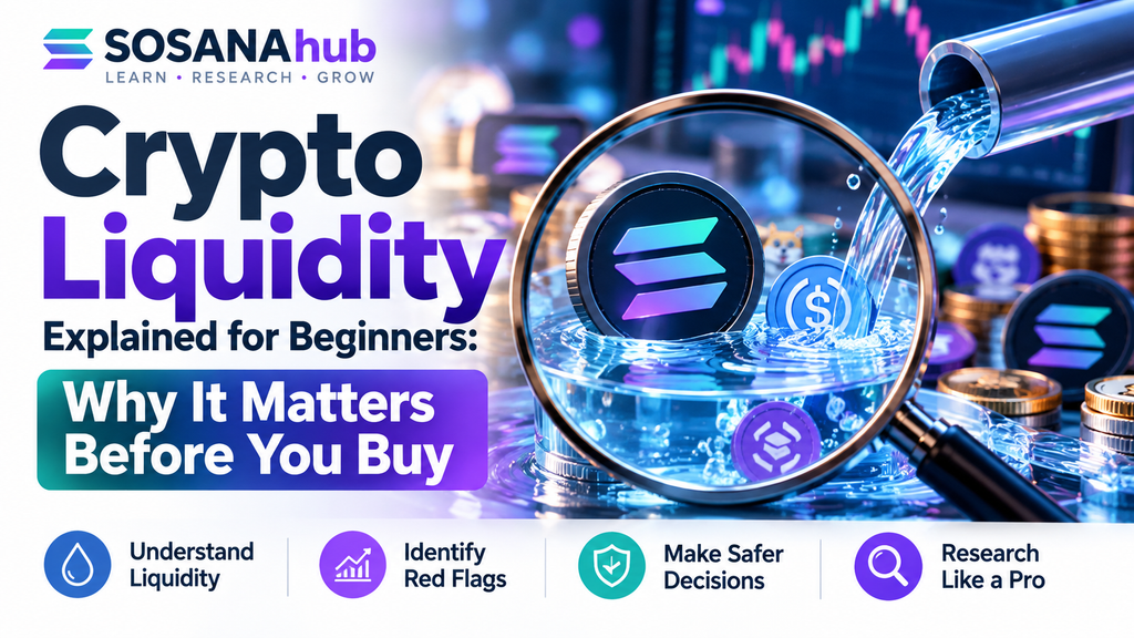 "Crypto liquidity explained for beginners — SOSANA Hub illustration showing Solana tokens, a liquidity pool, and a magnifying glass highlighting why liquidity matters before buying cryptocurrency."