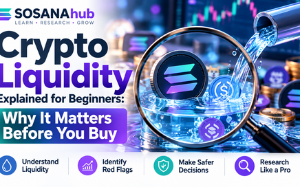 "Crypto liquidity explained for beginners — SOSANA Hub illustration showing Solana tokens, a liquidity pool, and a magnifying glass highlighting why liquidity matters before buying cryptocurrency."